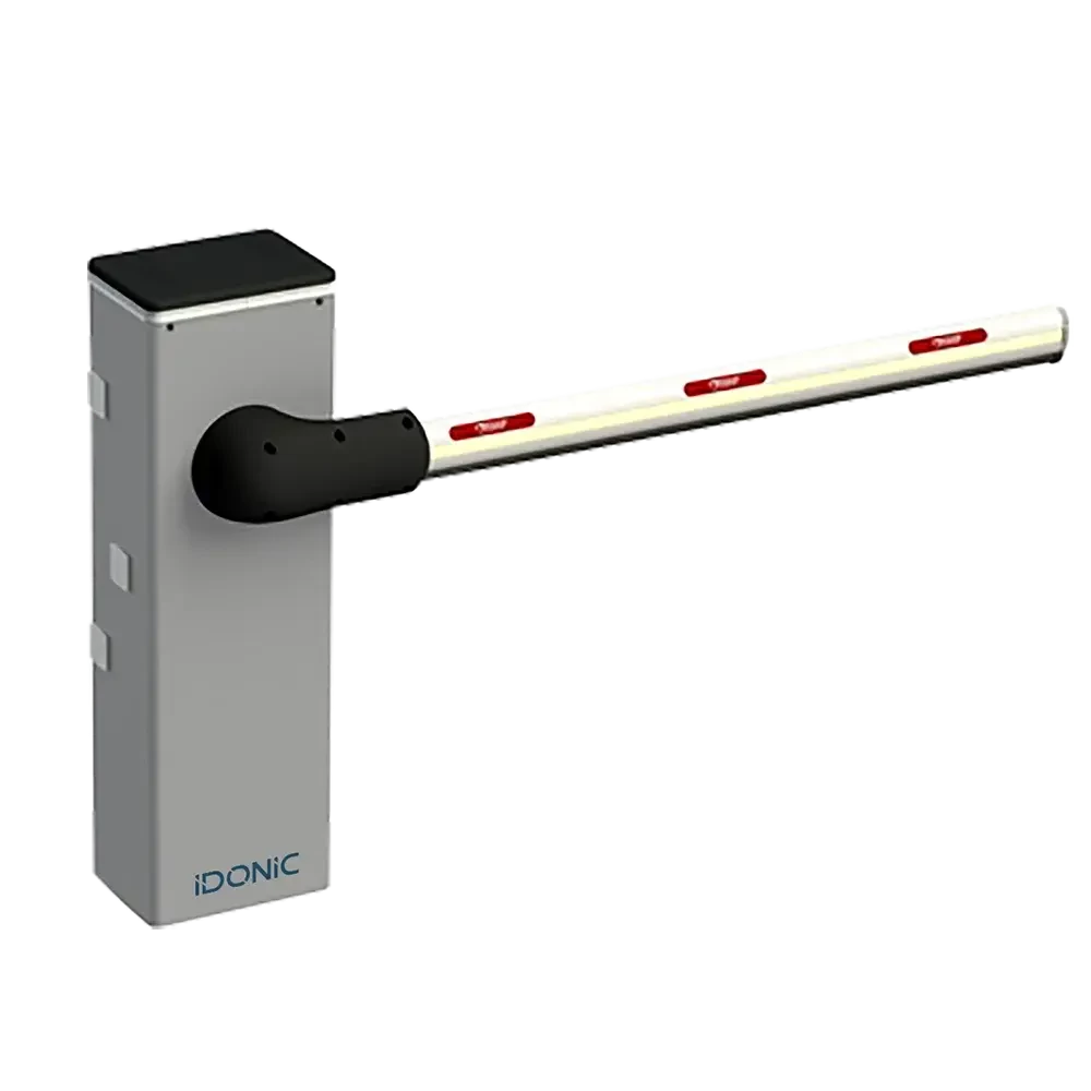 Barreira automática cinzenta IDONIC PARK BR103 com haste branca com autocolantes vermelhos e tampa superior preta