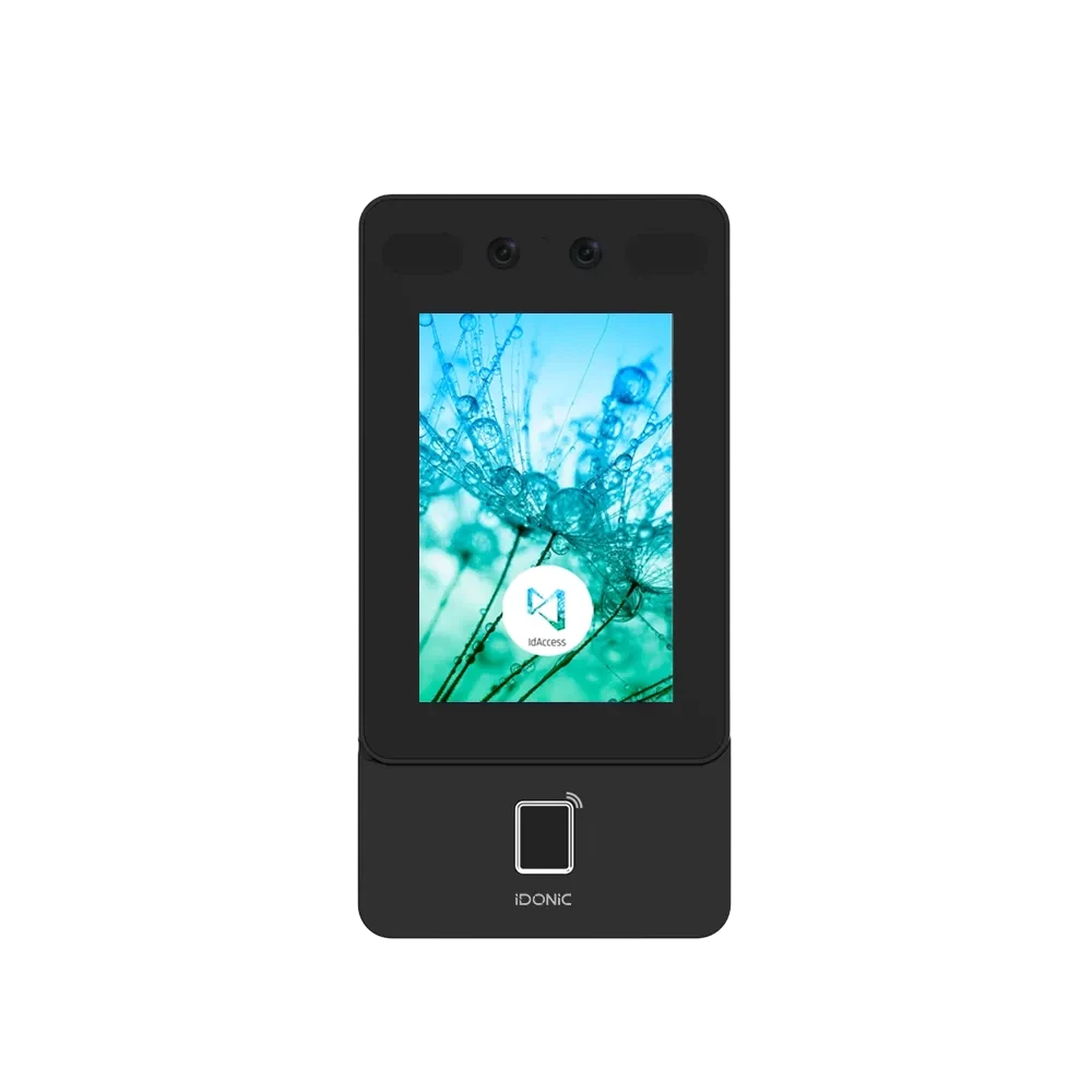 Terminal IDONIC AEON H401 preto com câmara frontal e leitor biométrico embaixo do ecrã a cores com o logótipo do IdAccess