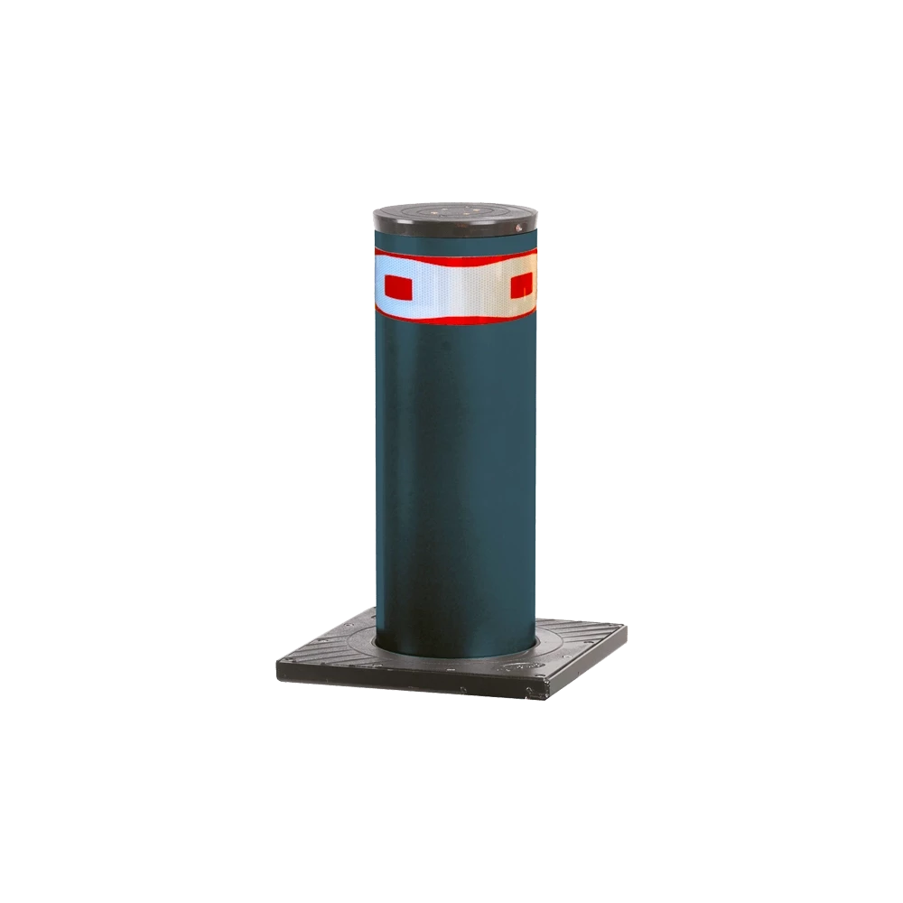 Pilarete Hidráulico PLT01, em forma cilíndrica em azul petróleo, com faixa refletora branca e vermelha e base quadrada