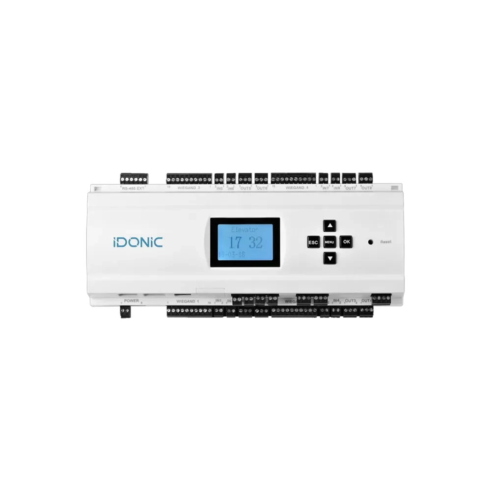 Placa controladora para elevadores IDONIC AEON PC501E branca com ecrã azul e botões de navegação