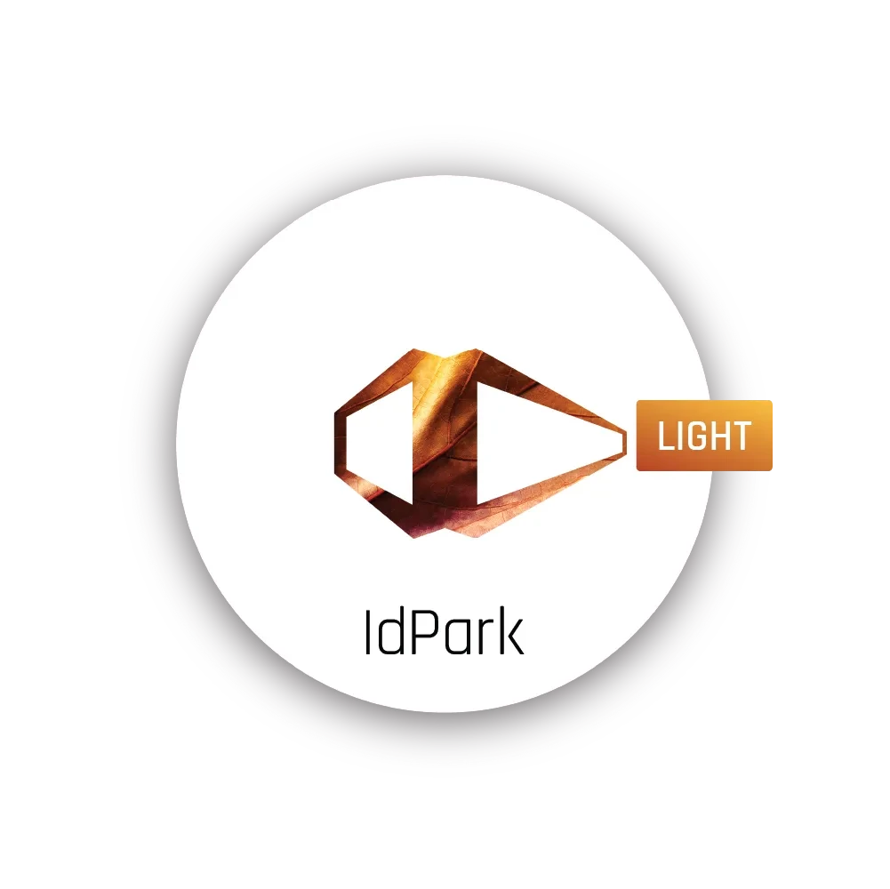 Logótipo do IdPark Light com forma laranja e castanha sobre branco e palavra Light em retângulo laranja à direita