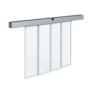 Automatismo para Porta de Correr 02 com quatro folhas de vidro e caixilharia de alumínio, com sensor de movimento superior