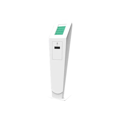 Dispensador de senhas QTICKET TOUCH de chão, branco, com ecrã tátil inclinado a verde e ranhura de saída de senhas