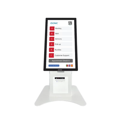 Dispensador de Senhas ANDROID TOUCH 101 branco de balcão com ecrã tátil, ranhura para senhas e suporte de base ampla