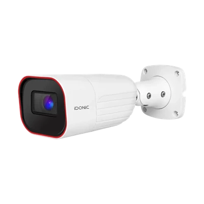 Câmara IDONIC PARK RM401 tipo bullet em branco, com contorno frontal vermelho e suporte de fixação de parede