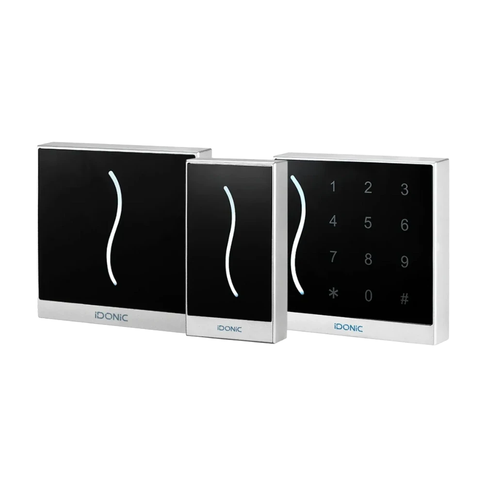 Três leitores IDONIC AEON Série L1200 em preto e caixa metálica, com LED branco e um dos modelos com teclado tátil