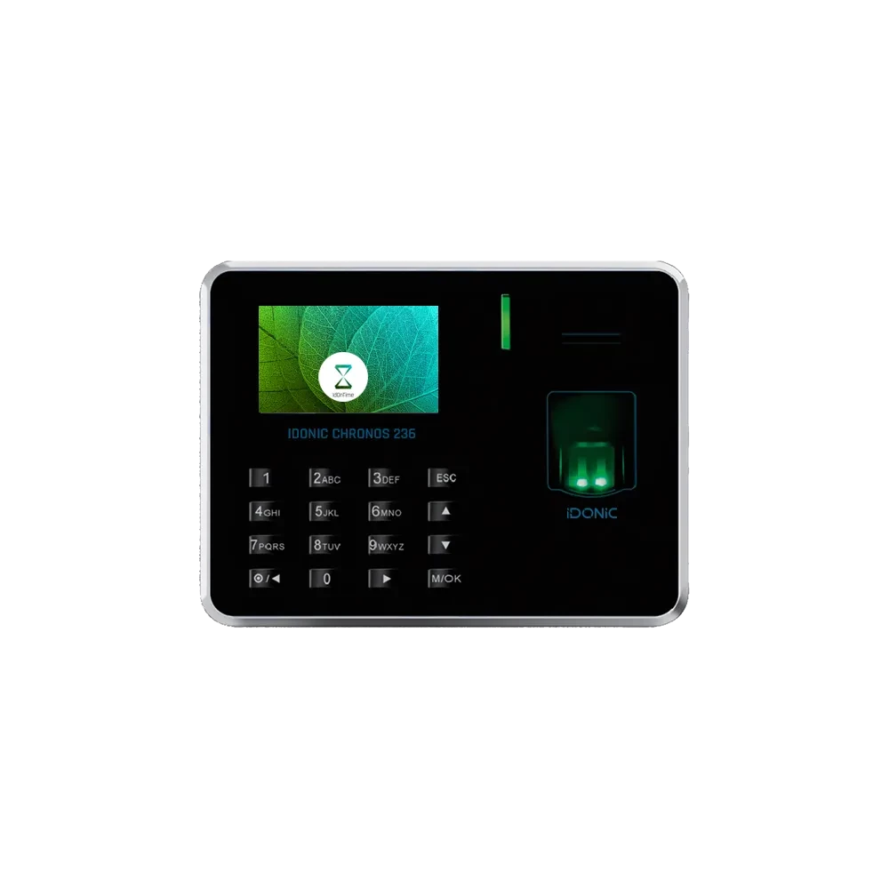 Vista frontal do relógio de ponto IDONIC CHRONOS 236 com ecrã ligado, teclado e leitor de impressões digitais