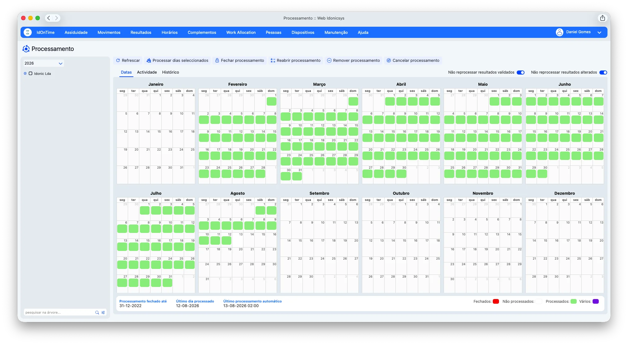 Calendário anual de processamento de assiduidade no IdOnTime